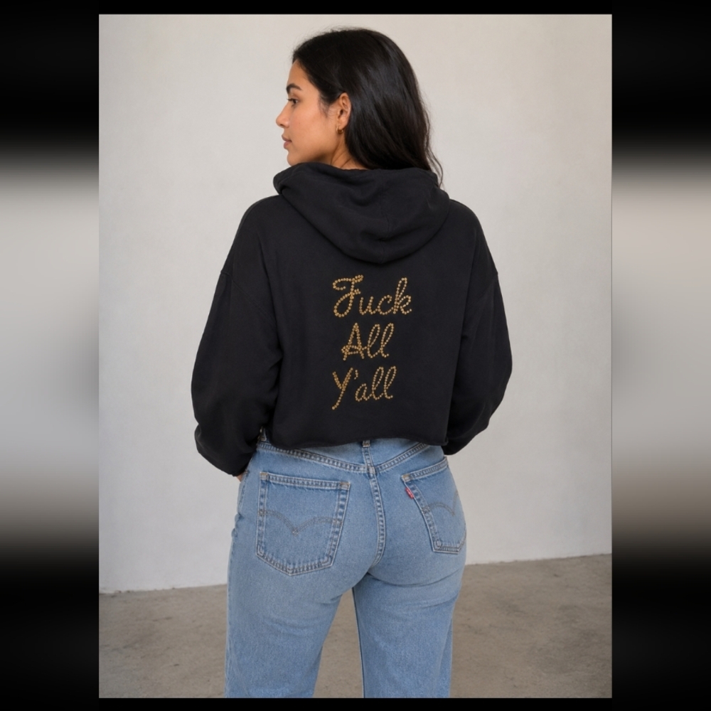 SHITTY STUFF Large F*ck All Y'all Raw Hem Cut Off Hoodie Black